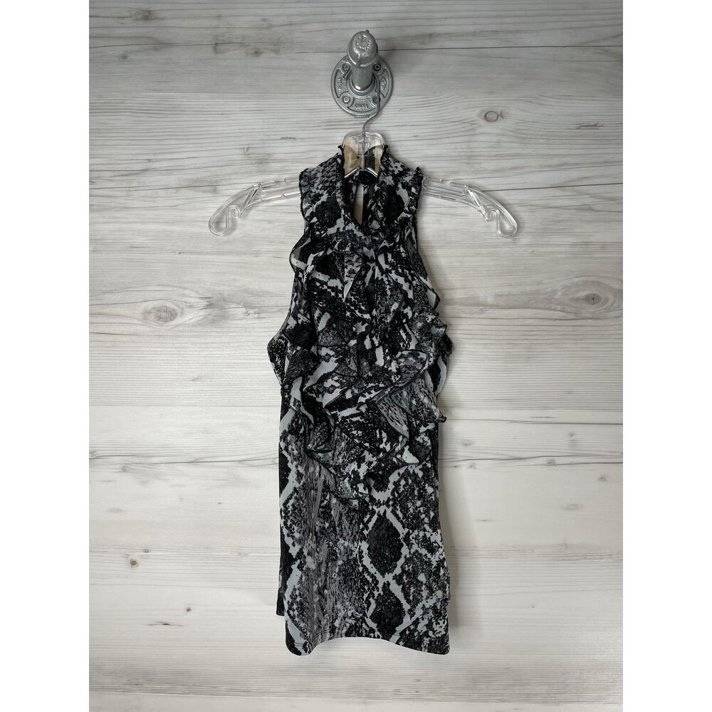 XOXO Womens Medium Black White Ruffle Mock Neck Sleeveless Snakeskin Blouse